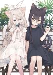  :o animal animal_ears animal_on_hand bangs black_dress black_hair blue_eyes brown_eyes bug butterfly cat_ears cat_girl cat_tail collared_dress commentary_request covered_mouth dress feet_out_of_frame glasses hair_between_eyes head_tilt highres light_brown_hair long_hair on_bench original parted_lips plant round_eyewear short_sleeves simple_background sitting tail tokuno_yuika very_long_hair white-framed_eyewear white_background white_dress 