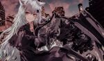  1girl animal_ear_fluff animal_ears arknights black_cloak black_gloves cloak clouds commentary eyebrows_hidden_by_hair gloves grey_eyes grey_hair grey_sky hair_between_eyes hair_ornament hairclip highres jewelry lappland_(arknights) long_hair looking_at_viewer necklace outdoors parted_lips ruins runamonet scar scar_across_eye sharp_teeth shirt skull_necklace smile solo teeth torn_clothes tower white_shirt wolf wolf_ears wolf_girl 