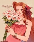  1girl aerith_gainsborough bangle_(animal_crossing) bangs bare_shoulders bouquet breasts brown_hair dress final_fantasy final_fantasy_vii final_fantasy_vii_remake flower green_eyes hair_ribbon happy_birthday holding holding_bouquet jewelry leaf lipstick long_hair makeup medium_breasts necklace official_alternate_costume parted_bangs parted_lips pink_dress pink_flower pink_ribbon pink_rose ribbon rose sidelocks sleeveless sleeveless_dress smile solo thar_chandran upper_body wavy_hair 
