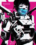  1girl 96yottea apex_legends armor breastplate chromatic_aberration fluorescent_tech_valkyrie glowing highres jetpack looking_at_viewer mask monochrome mouth_mask official_alternate_costume ponytail solo spot_color upper_body valkyrie_(apex_legends) 