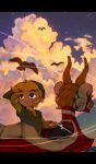 1boy arm_behind_head bird blonde_hair blurry blurry_foreground boat clouds cloudy_sky green_headwear green_shirt green_tunic kunugi37 letterboxed link long_sleeves looking_away male_focus night night_sky pointy_ears pointy_hat sailing_ship shirt short_hair sky smile solo star_(sky) starry_sky the_legend_of_zelda the_legend_of_zelda:_the_wind_waker toon_link upper_body watercraft 