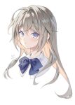  1girl artist_name bangs banned_artist blue_bow blue_bowtie bow bowtie cropped_shoulders grey_hair highres long_hair looking_at_viewer midori_foo original parted_lips portrait shirt simple_background solo violet_eyes white_background white_shirt 