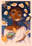  1girl bacon blue_eyes border bright_pupils brown_hair commentary curly_hair dark-skinned_female dark_skin earrings egg_(food) english_commentary facial_mark food food-themed_earrings food_in_mouth fried_egg fried_egg_on_toast fruit geneva_bowers jewelry looking_at_viewer mouth_hold necklace orange_(fruit) orange_slice original shirt short_hair solo star_(sky) star_(symbol) star_facial_mark toast toast_in_mouth upper_body very_dark_skin very_short_hair watermark white_pupils white_shirt 