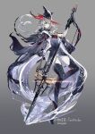  1girl a9712mob arknights ascot bangs boots commentary full_body gladiia_(arknights) gloves grey_background grey_hair hat high_collar highres holding holding_polearm holding_weapon pointy_ears polearm red_eyes simple_background solo thigh_boots water weapon white_ascot 