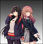  2girls absurdres adjusting_hair backpack bag black_hair black_pantyhose blue_jacket collared_shirt cosplay costume_switch crossover gradient gradient_background green_eyes gridman_universe gun highres holding holding_gun holding_weapon inoue_takina jacket light_brown_hair long_hair lycoris_recoil minami_yume multiple_girls pantyhose pleated_skirt shirt skirt sleeves_past_wrists ssss.dynazenon violet_eyes voice_actor_connection weapon zhanzhangzlw 