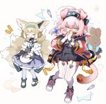  2girls ^_^ amiya_(arknights) animal_ears arknights baiwei_er_hao_ji bare_shoulders black_bow black_bracelet black_footwear black_gloves black_hairband black_skirt blonde_hair blue_bow blue_hairband bow braid cat_ears cat_girl cat_tail character_doll closed_eyes crying dress earpiece fang floppy_ears fox_ears fox_girl fox_tail full_body garter_straps gloves goldenglow_(arknights) hair_bow hairband id_card infection_monitor_(arknights) kitsune laughing lightning_bolt_print long_hair multicolored_hair multiple_girls open_mouth oripathy_lesion_(arknights) own_hands_together pantyhose pink_footwear pink_hair print_hairband purple_dress shaded_face shirt shoes simple_background single_glove single_wrist_cuff skirt standing streaked_hair stuffed_animal stuffed_bunny stuffed_toy suzuran_(arknights) tail thigh-highs two-tone_dress white_background white_dress white_pantyhose white_shirt white_thighhighs white_wrist_cuffs wrist_cuffs 