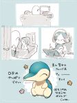  1girl ^_^ blush cabinet chair closed_eyes closed_mouth commentary_request couch cyndaquil desk door headphones keyboard_(computer) nao_(naaa_195) pokemon pokemon_(creature) smile tablet_pc television translation_request twitter_username watermark 