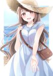  1girl :d bag bangs blue_dress blush brown_eyes brown_hair buntason_(buritarooooo) commentary_request dress handbag hat highres long_hair looking_at_viewer open_mouth original pale_skin short_sleeves smile solo straw_hat sun_hat 