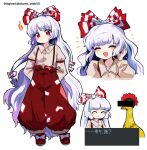  1girl baggy_pants blush bow closed_eyes closed_mouth collared_shirt commentary flower fujiwara_no_mokou hair_bow highres howhow_notei long_hair long_sleeves multiple_views open_mouth pants red_eyes red_flower red_pants shirt shoes simple_background smile suspenders touhou translation_request white_background white_bow white_hair white_shirt 