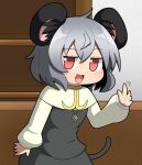  1girl animal_ears bangs blush capelet cookie_(touhou) counter cowboy_shot crystal flat_chest grey_hair grey_skirt grey_vest hair_between_eyes jewelry layered_clothes long_sleeves looking_at_viewer madore mouse_ears mouse_girl mouse_tail nazrin nyon_(cookie) open_mouth pendant red_eyes shelf shirt short_hair skirt skirt_set smile solo tail touhou vest waving white_capelet white_shirt 