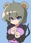  1girl animal_ears bangs blue_background blue_eyes blush breasts closed_mouth collared_shirt commentary_request cookie_(touhou) fake_nyon_(cookie) grey_hair hair_between_eyes large_breasts long_sleeves looking_at_viewer madore mouse_ears mouse_girl mouse_tail nazrin pink_shirt shirt short_hair simple_background smile solo tail touhou upper_body 