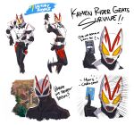  1boy absurdres advent_card black_bodysuit bodysuit card city cityscape coolpsyco credit_card dancing desire_driver driver_(kamen_rider) english_commentary english_text fortnite fox fox_mask highres holster kamen_rider kamen_rider_geats kamen_rider_geats_(series) kamen_rider_ryuki_(series) kitsune mask meme multiple_views rider_belt victory_pose white_armor white_background yellow_eyes 