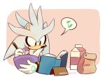 1boy animal_nose artist_name book cooking furry furry_male gloves male_focus milk musical_note open_book orange_eyes orphisterical reading sack silver_the_hedgehog solo sonic_(series) spoken_musical_note upper_body white_gloves 