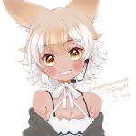  1girl absurdres bare_shoulders black_jacket black_undershirt blonde_hair choker coyote_(kemono_friends) coyote_ears coyote_girl cthun_n extra_ears highres jacket kemono_friends kemono_friends_v_project microphone multicolored_hair shirt short_hair smile solo spaghetti_strap white_choker white_hair white_shirt yellow_eyes 