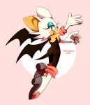  1girl :d animal_nose aqua_eyes artist_name ass bat_girl bat_wings boots from_side full_body furry furry_female gloves high_heel_boots high_heels highres open_mouth orphisterical rouge_the_bat simple_background smile solo sonic_(series) tail white_footwear white_gloves wings 