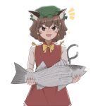  1girl animal_ear_fluff animal_ears bow bowtie brown_eyes brown_hair cat_ears cat_tail chen dress drooling fish fish_request green_headwear hat highres long_sleeves mata_(matasoup) mob_cap multiple_tails red_dress shirt short_hair simple_background solo tail touhou two_tails white_background white_shirt yellow_bow yellow_bowtie 