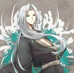 1boy alternate_costume bangs black_kimono final_fantasy final_fantasy_vii floral_background flower green_eyes grey_hair japanese_clothes katana kimono long_bangs long_hair looking_at_viewer male_focus masamune_(ff7) parted_bangs sephiroth solo spider_lily straight_hair sword upper_body weapon wide_sleeves zamaaaaa 