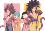  2girls absurdres black_hair body_fur bulma chi-chi_(dragon_ball) dragon_ball dragon_ball_gt highres holding_hands husband_and_wife locked_arms looking_at_viewer monkey_boy monkey_tail multiple_girls muscular muscular_male red_fur son_goku spiky_hair super_saiyan super_saiyan_4 tail topless_male vegeta yuuri_(fukuroudou) 