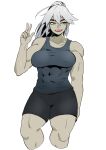  1girl abs absurdres earrings highres jewelry kantoqyoiko mole mole_under_eye muscular muscular_female orange_eyes original ponytail sharp_teeth smile sportswear tank_top teeth thick_eyebrows thick_thighs thighs v white_background white_hair 
