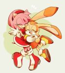  2girls amy_rose animal_nose boots bracelet closed_eyes commentary cream_the_rabbit dress furry furry_female gloves hairband happy hug jewelry multiple_girls open_mouth orange_dress orphisterical rabbit_girl red_dress red_hairband shoes smile sonic_(series) symbol-only_commentary white_gloves 