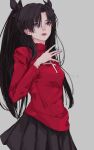  1girl 96yottea absurdres bangs black_hair black_skirt blue_eyes breasts dress fate_(series) grey_background hair_behind_ear highres holding holding_crystal long_hair open_mouth parted_bangs red_sweater skirt small_breasts solo sweater tohsaka_rin turtleneck_dress twintails 