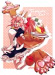  1girl absurdres alternate_costume animal_ear_fluff animal_ears animal_hands apron bell breasts broccoli cat_paws collar enmaided fang fate/grand_order fate_(series) food fox_ears fox_girl fox_tail full_body gloves hair_ribbon highres jingle_bell large_breasts long_hair looking_at_viewer maid maid_apron maid_headdress neck_bell open_mouth paw_gloves paw_shoes pink_hair ponytail red_ribbon ribbon shiromantou solo tail tamamo_(fate) tamamo_cat_(fate) tamamo_cat_(second_ascension)_(fate) vegetable 