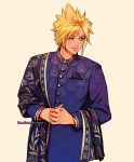  1boy alternate_costume aqua_eyes blonde_hair blue_jacket buttons cloud_strife final_fantasy final_fantasy_vii final_fantasy_vii_remake indian_clothes jacket long_sleeves looking_to_the_side male_focus own_hands_clasped own_hands_together parted_lips pocket_square short_hair smile solo spiky_hair thar_chandran twitter_username upper_body 