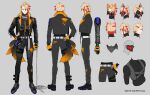  1boy axel_syrios black_gloves black_jacket black_pants blonde_hair braid chain collar company_name ginka_sima gloves highres holding holding_chain holostars holostars_english jacket long_sleeves male_focus mask multicolored_hair multiple_views official_art open_clothes open_jacket pants redhead reference_sheet single_braid streaked_hair virtual_youtuber 