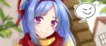  1girl 20nigu bangs blue_hair blush closed_mouth commentary_request hair_ribbon looking_at_viewer paid_reward_available portrait ragnarok_online red_ribbon red_scarf ribbon rune_knight_(ragnarok_online) scarf smile solo violet_eyes 