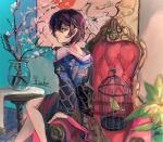  1girl artist_name bird birdcage blue_eyes cage cherry_blossoms facing_away green_bird highres japanese_clothes kimono leaf leather_chair looking_at_viewer looking_back original painting_(object) plant short_hair sitting tukagamikagera023 