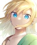  1boy bangs blonde_hair blue_eyes collarbone earrings green_shirt grey_background highres jewelry link long_hair looking_at_viewer parted_lips pointy_ears portrait shiny shiny_hair shirt simple_background solo teeth the_legend_of_zelda ttanuu. 