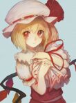  1girl absurdres blonde_hair blush bow closed_mouth collared_shirt commentary crystal flandre_scarlet frilled_shirt_collar frills fujiwara_no_mokou grey_background hair_between_eyes hat hat_ribbon highres holding holding_clothes looking_at_viewer matumasima medium_hair mob_cap puffy_short_sleeves puffy_sleeves red_eyes red_ribbon red_skirt red_vest ribbon shirt short_sleeves simple_background skirt skirt_set slit_pupils smile solo touhou upper_body vest white_bow white_headwear white_shirt wings yakumo_yukari 