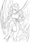  1girl angel_wings breath_of_fire breath_of_fire_ii bridal_gauntlets dress feathered_wings highres kurotada long_hair looking_at_viewer nina_(breath_of_fire_ii) puffy_sleeves running side_slit simple_background solo thighs wings 