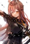  1girl akebisousaku animal_ears arknights bangs black_shirt brown_gloves brown_hair closed_mouth fox_ears fox_tail franka_(arknights) gloves highres holding holding_sword holding_weapon id_card long_hair orange_eyes rapier shirt solo sword tail upper_body weapon white_background 