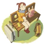  1girl absurdres alcor_(little_witch_academia) asymmetrical_bangs backpack bag bangs bench blue_scarf blunt_bangs boots briefcase brown_hair brown_skirt closed_mouth full_body grass highres hood hood_down hoodie kagari_atsuko little_witch_academia long_hair long_sleeves looking_at_viewer luggage miniskirt one_side_up orange_hoodie outdoors pamphlet pink_bag psylduck red_eyes red_footwear scarf simple_background sitting skirt smile solo split_mouth straight_hair stuffed_animal stuffed_toy tareme white_background 