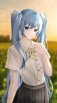  1girl absurdres bangs bare_arms blue_eyes blue_hair blurry blurry_background collared_shirt dress_shirt field flower flower_field grey_skirt hair_between_eyes hatsune_miku highres hwa_n01 jewelry long_hair neck_ribbon outdoors parted_lips pleated_skirt ribbon ring shiny shiny_hair shirt skirt smile solo twintails very_long_hair vocaloid white_shirt wing_collar yellow_ribbon 