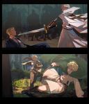 &gt;_&lt; 4boys america_(hetalia) army axis_powers_hetalia belt blue_suit blurry blurry_background bow brothers cape chasing child dagger forest formal germany_(hetalia) glasses green_cape green_eyes hair_slicked_back highres knife male_child mi_kan1609 multiple_boys nature open_mouth pointing_sword prussia_(hetalia) siblings split_screen suit sword teutonic_knight time_travel tunic united_kingdom_(hetalia) weapon weapon_case white_hair younger 