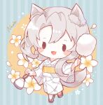  1girl animal_ear_fluff animal_ears asymmetrical_hair bag blush_stickers chibi commission cotton_candy flower full_body grey_hair handbag highres holding japanese_clothes kantai_collection kimono nada_namie nowaki_(kancolle) obi official_alternate_costume petals sandals sash signature simple_background skeb_commission solo white_flower wide_sleeves yukata 