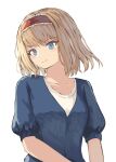  1girl alice_margatroid alternate_costume bangs blonde_hair blue_eyes blue_shirt closed_mouth hairband highres ookashippo red_hairband shirt short_hair short_sleeves simple_background smile solo touhou upper_body white_background 
