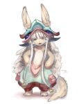  1other :3 animal_ears aqua_headwear brown_eyes brown_fur closed_eyes commentary_request ears_through_headwear fake_horns fangs full_body green_pants grey_hair hands_on_hips helmet horned_helmet horns kwon_0019 looking_at_viewer made_in_abyss nanachi_(made_in_abyss) open_mouth other_focus pants puffy_pants red_pants short_hair_with_long_locks sidelocks simple_background sketch smile solo standing tail topless twitter_username two-tone_pants whiskers white_background 