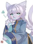  1girl :3 animal_ear_fluff animal_ears animal_hands animal_nose artist_name bangs blue_dress blue_eyes blunt_bangs blush braid breasts cat_ears cat_girl cat_tail china_dress chinese_clothes claw_pose commentary_request dress fangs furry furry_female hands_up happy highres kawarage_yatano light_blush long_hair long_sleeves looking_at_viewer open_mouth original pawpads purple_hair sidelocks signature simple_background small_breasts smile solo tail tail_raised talking translation_request twin_braids twintails white_background wide_sleeves 