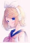 1girl arm_tattoo bangs bare_shoulders blonde_hair blue_eyes blush bow hair_bow hair_ornament hairclip headphones headset highres kagamine_rin looking_at_viewer neckerchief parted_lips sailor_collar short_hair solo spide_r_(mxpm3455) swept_bangs tattoo treble_clef upper_body vocaloid white_bow yellow_neckerchief 