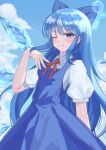  alternate_hair_length alternate_hairstyle blue_dress blue_eyes blue_hair bow breasts cirno clouds dress fairy_wings hair_bow highres ice ice_wings long_hair neck_ribbon puffy_short_sleeves puffy_sleeves red_ribbon reo_ground ribbon shirt short_sleeves sky small_breasts touhou white_shirt wings 