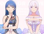  2girls blue_hair closed_mouth dead_or_alive dress fiona_(doa) green_eyes hand_on_own_face konishiki_(52siki) lipgloss lobelia_(doa) long_hair midriff multiple_girls purple_hair smile violet_eyes 