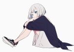  1girl bangs black_footwear blue_eyes closed_mouth full_body grey_hair hugging_own_legs knees_up looking_at_viewer mee_(sohin) original shoes short_hair shorts sitting slit_pupils sneakers sohin solo teardrop_facial_mark white_shorts 