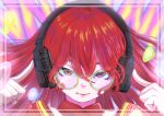  1girl absurdres border chunta-px00 close-up fangs glasses hands_on_headphones headphones highres long_hair portrait red_eyes redhead 