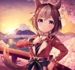  1girl alternate_costume animal_ears blurry blurry_background blush cherry_blossoms hair_ornament highres horse_ears horse_tail kena_(user_80128818) looking_at_viewer mountain sky smile solo special_week_(supreme_commander)_(umamusume) special_week_(umamusume) sunset tail umamusume violet_eyes 