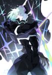  1boy aqua_hair armor black_armor broken_mask diffraction_spikes eyelashes highres holding holding_weapon inuyama_(inuhill) lio_fotia long_eyelashes male_focus mask parted_lips promare solo teeth twitter_username violet_eyes weapon 