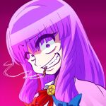  1girl bangs blue_bow blunt_bangs bow bowtie cigarette commentary_request constricted_pupils cookie_(touhou) eyes_visible_through_hair grin hair_bow long_hair looking_at_viewer patchouli_knowledge pentagram purple_background purple_hair red_bow red_bowtie smile smoking solo taisa_(cookie) touhou violet_eyes youreizou_(lower_than_-273.15c) 
