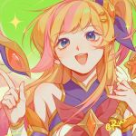  1girl :d absurdres bangs bare blonde_hair blue_eyes blush bow bowtie covered_collarbone detached_sleeves gradient gradient_background green_background hair_ornament highres holding holding_staff index_finger_raised league_of_legends long_hair nail_polish orange_nails pink_bow pink_bowtie pink_hair ruan_chen_yue seraphine_(league_of_legends) side_ponytail smile solo staff star_guardian_(league_of_legends) star_guardian_seraphine teeth upper_teeth 